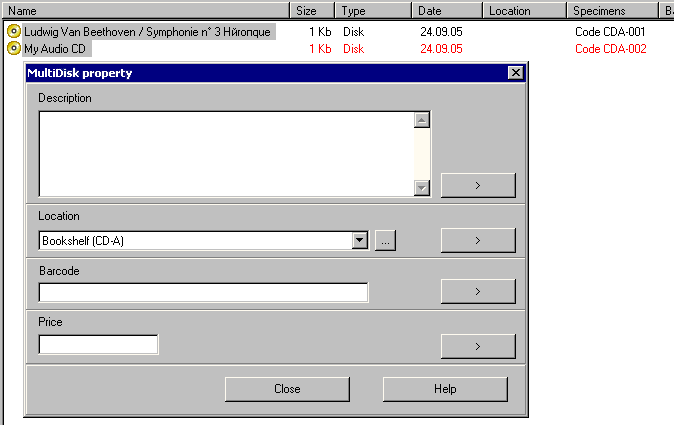 CD Catalog multiple disk properties - dialog